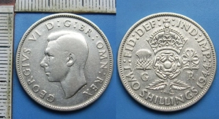 1944 - 2 shillings, stříbro - Jiří VI., Velká Británie