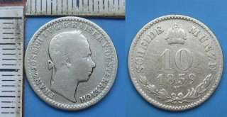 1859 V - 10 krejcar, stříbro - František Josef I.