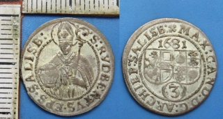 1681 - 3 krejcar, stříbro - arcibiskupství Salzburg, Max Gandolph, pěkný