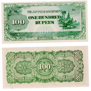 1942 - 1944 - 100 rupees, bankovka, BA - Myanmar, Japonská okupace, pěkný stav