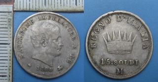 1808 M - 15 soldi, stříbro - Itálie pod Francií, Napoleon Bonaparte, pěkná