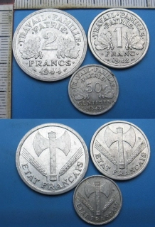 1943,42,44 - 50 centimes, 1 franc, 2 francs - 3x válečná Francie