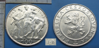 1955 - 100 korun, stříbro - 10. výročí osvobození, varianta b (viz.detail)