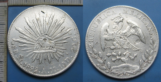 1892 Mo AM - 8 reales, stříbro - Mexiko, kontramarky