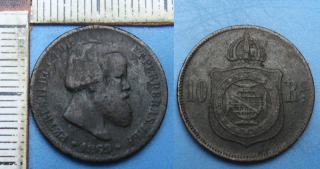1869 - 10 reis - Brazílie, Pedro II.
