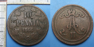 1866 - 10 pennia - Finsko pod Ruskem, Alexandr II.