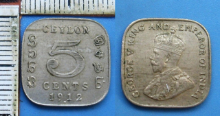 1912 - 5 cents - Britský Cejlon, Jiří V.