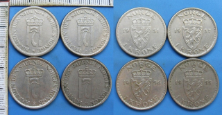 1951,5,6,7 - 1 krone - 4x Norsko, Haakon