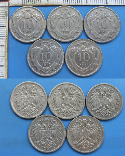 1907,8,9,10,11 - 10 heller - 5x František Josef I.