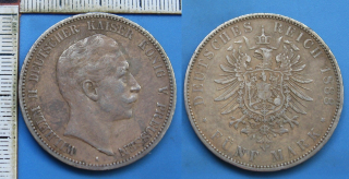 1888 A - 5 mark, stříbro - Wilhelm II., Prusko