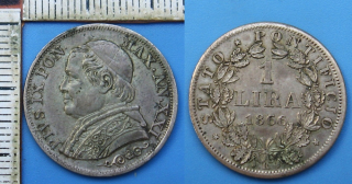 1866 XXI - 1 lira, stříbro - Pius IX., Vatikán