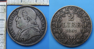 1867 XXII - 2 lire, stříbro - Pius IX., Vatikán