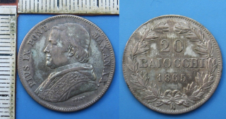 1865 XX - 20 biaocchi, stříbro - Pius IX., Vatikán