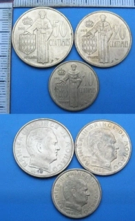 1962 - 10 a 20 a 50 centimes - Monako, Rainier III.