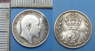 1910 - 3 pence, stříbro - Velká Británie, Edward VII., lehce prohlý