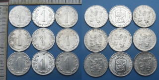 1953,4,6,7,8,9, 60,2,3 - 9x 1 haléř