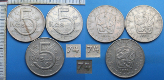 1974 - 3x 5 Kčs - všechny 3 varianty letopočtu 74