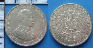 1913 A - 5 mark, stříbro - Prusko, Wilhelm II., 25. výročí vlády