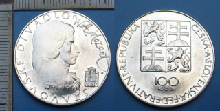 1991 - 100 Kč, stříbro - 200 let úmrtí Wolfganga Amadea Mozarta