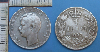 1897 - 1 dinar, stříbro - Aleksandr I., Srbsko