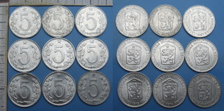 1962,63,66,67, 72,73,74,75,76 - 9x 5 haléřů