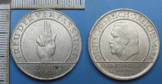 1929 J - 3 reichsmark, stříbro - Přísaha, Hindenburg, Weimar