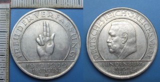 1929 F - 3 reichsmark, stříbro - Přísaha, Hindenburg, Weimar