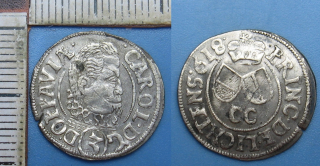 1618 CC - 3 krejcar, stříbro - Opava, Karl von Liechtenstein, Kryštof Cantor, Kop.6370