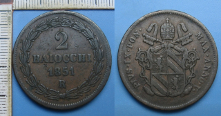 1851 R / V - 2 baiocchi - Pius IX., Vatikán, Řím