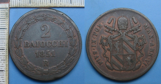 1851 R / VI - 2 baiocchi - Pius IX., Vatikán, Řím
