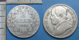 1867 R / XXII - 2 lire, stříbro - Pius IX., Vatikán, Řím