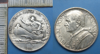 1936 / XV - 5 lir, stříbro - Pius XI., Vatikán