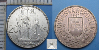 1941 - 20 korún, stříbro - Sloveský štát, Cyril a Metoděj, dvojitý křížek, vzácný