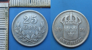 1919 - 25 ore, stříbro - Švédsko, Gustaf V.