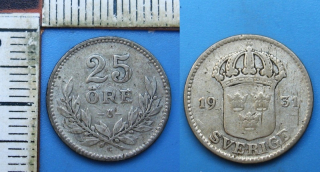 1931 - 25 ore, stříbro - Švédsko, Gustaf V.