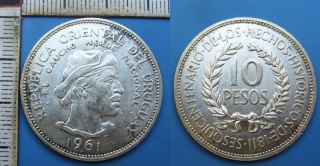 1961 - 10 pesos, stříbro - Uruguay, El Gaucho Heroe Nacional