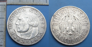 1933 A - 5 reichsmark, stříbro - Německo, Třetí říše, Martin Luther