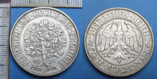 1932 J - 5 reichsmark, stříbro - Německo, Weimar, dub