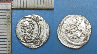 1419-1437 - haléř, stříbro - město Vratislav, Slezsko, hlava sv.Jana / český lev, Kop.8765a, SaM.67