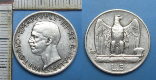 1927 - 5 lir, stříbro - Vittorio Emanuele III., Itálie