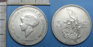 1929 - 5 francs, stříbro - Lucembursko, kněžna Charlotte