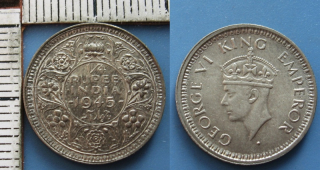 1945 - 1/4 rupee, stříbro - Britská Indie, Jiří VI.