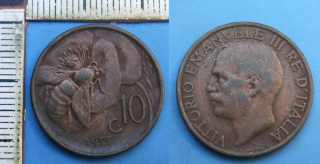 1935 - 10 centesimi - Itálie, Vittorio Emanuele III.