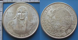 1977 - 100 pesos, stříbro - Mexiko, krásná