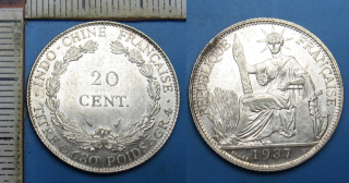 1937 - 20 cents, stříbro - Francouzská Indočína, pěkný