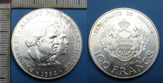 1982 - 100 francs, stříbro - Monako, Rainier III., princ Albert