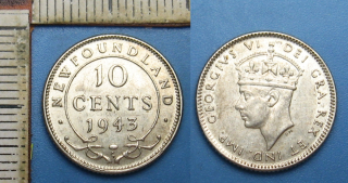 1943 C - 10 cents, stříbro - Jiří VI., New Foundland