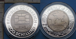 2000 - 100 schilling, PROOF, stříbro s titanovým středem - Rakousko, kapsle
