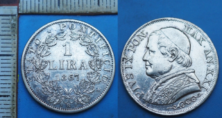 1867 R / AN XXI - 1 lira, stříbro - Pius IX., Vatikán