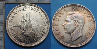 1952 - 5 shillings, stříbro - Jiří VI., Jižní Afrika, 300. výročí založení Kapského města